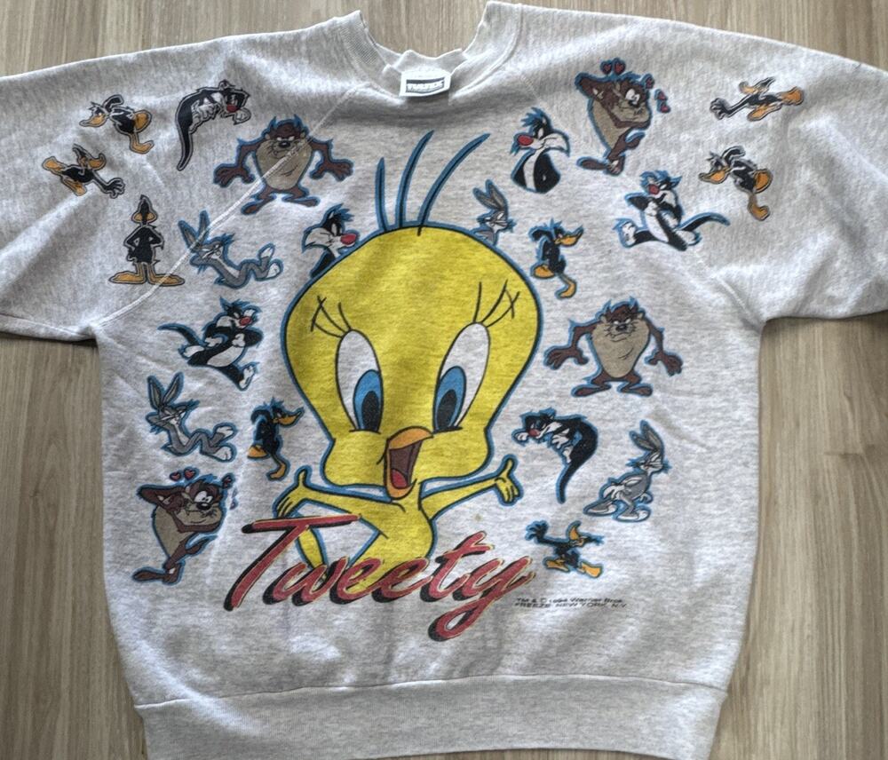 TULTEX 1994 Tweety Looney Tunes Gray Sweatshirt Large Original Vintage